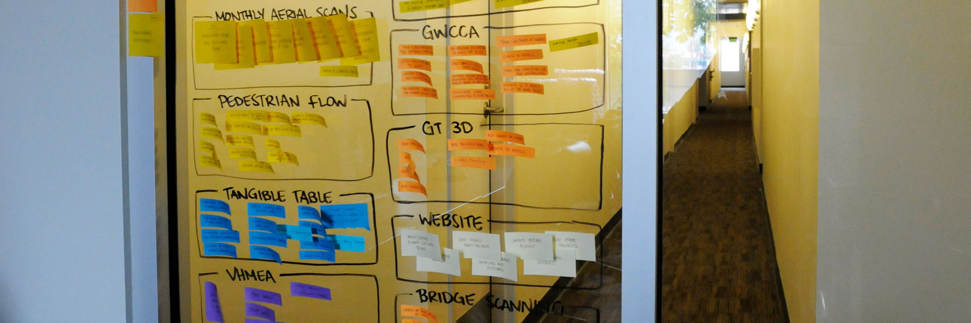 Window of one of the offices at CQGRD with sticky notes.
