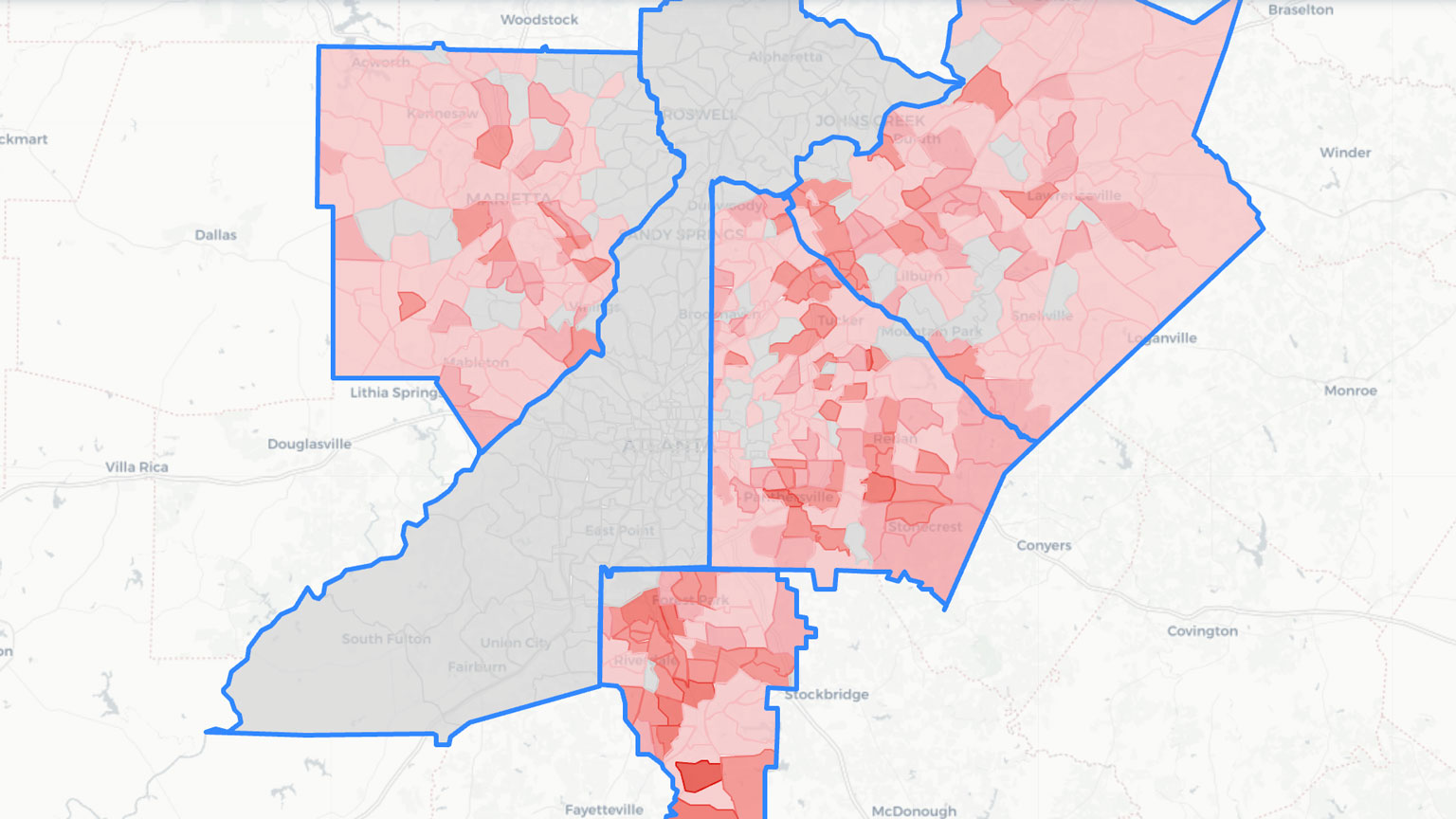 The screen grab of a map from the tracker highlighting eviction counts by county in a map of Atlanta.
