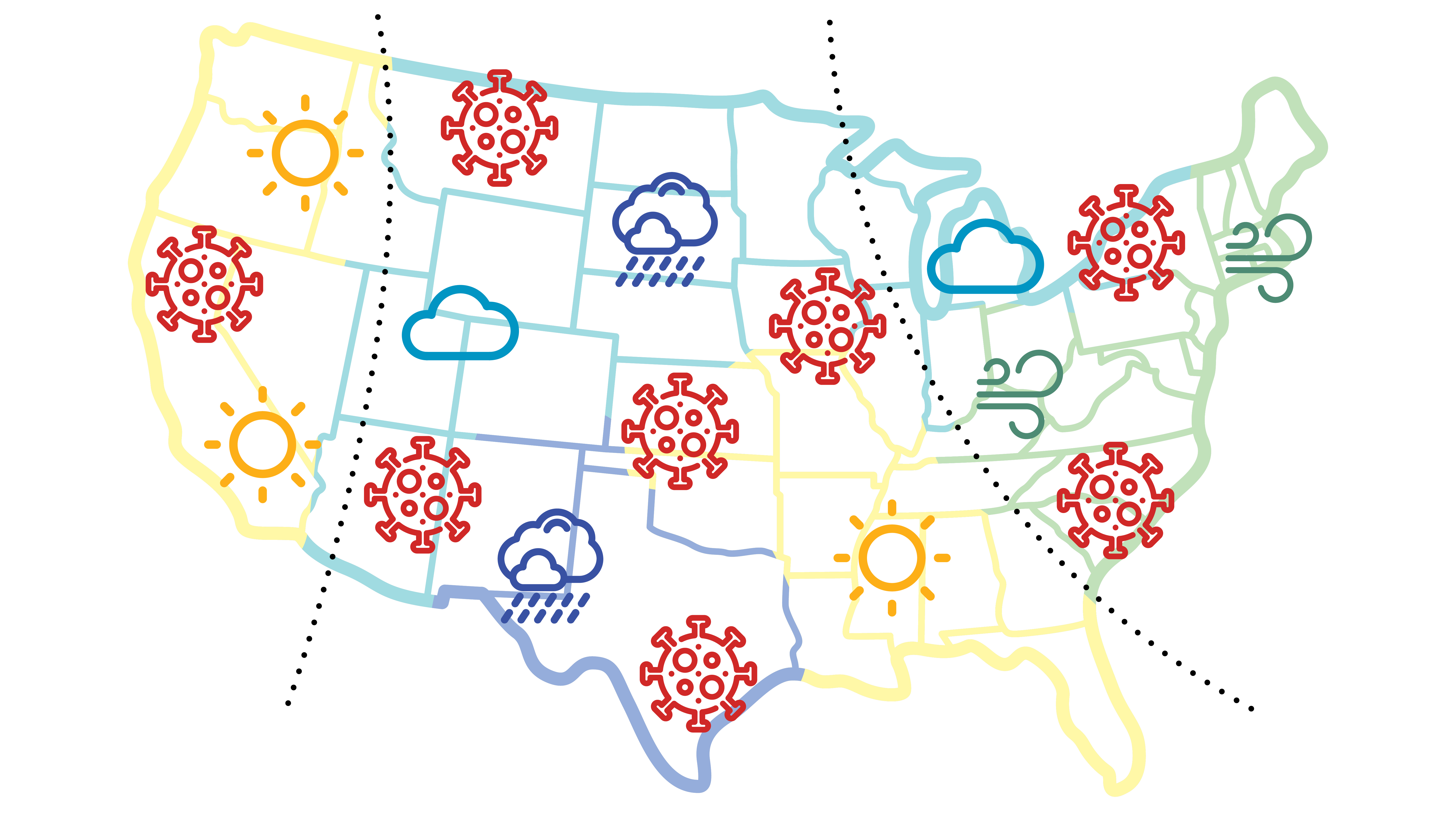 Illustration of a traditional weather map of the United States with several Covid-19 cells replacing regular weather patterns.