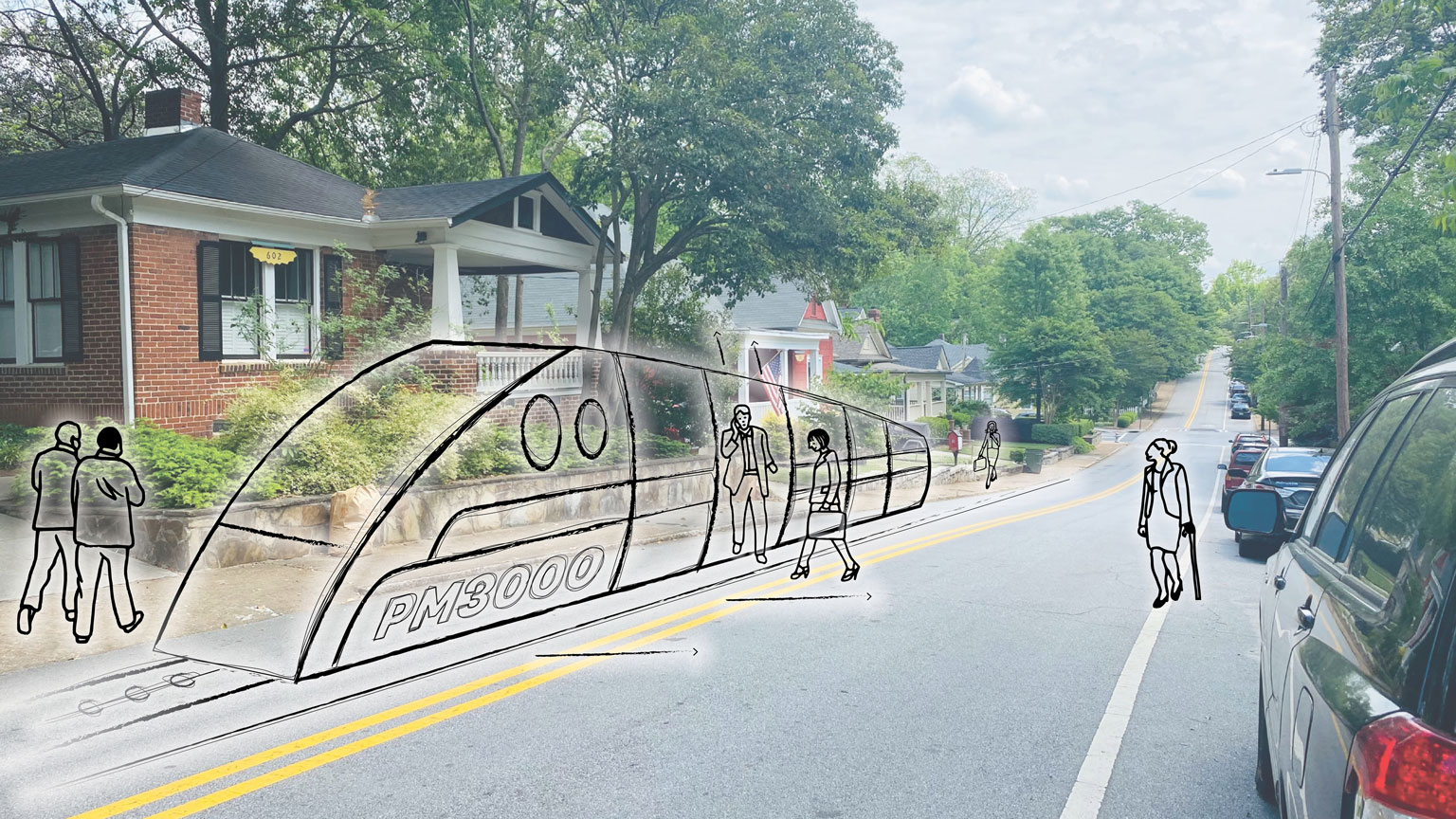 An illustration of a futuristic people mover overlaid on a photo of a house in a neighborhood in East Atlanta.