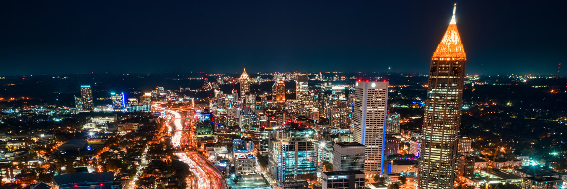 View of the Atlanta city skyline at night.