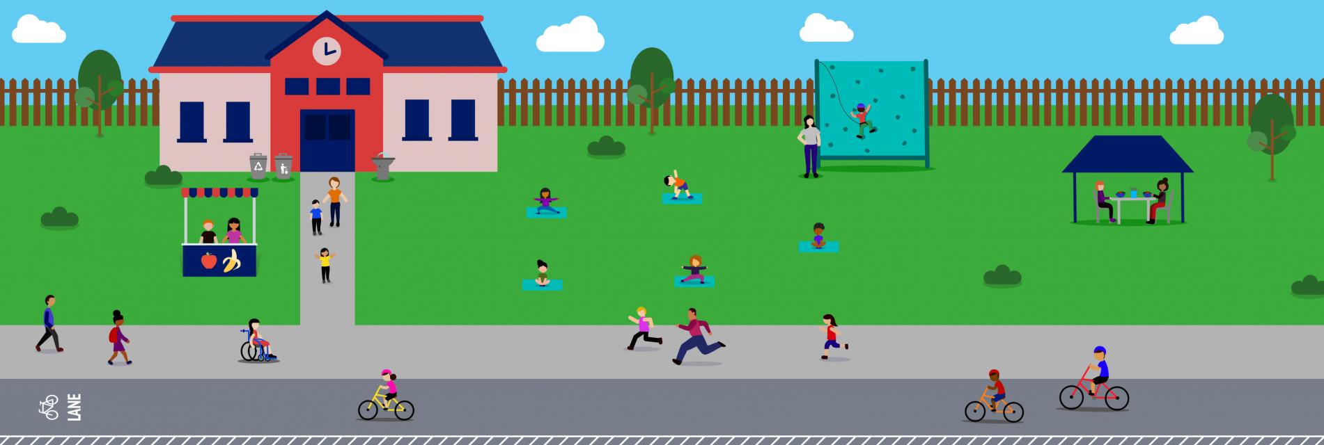 An illustration of children playing outdoors in their neighborhood with a number of park-related resources.