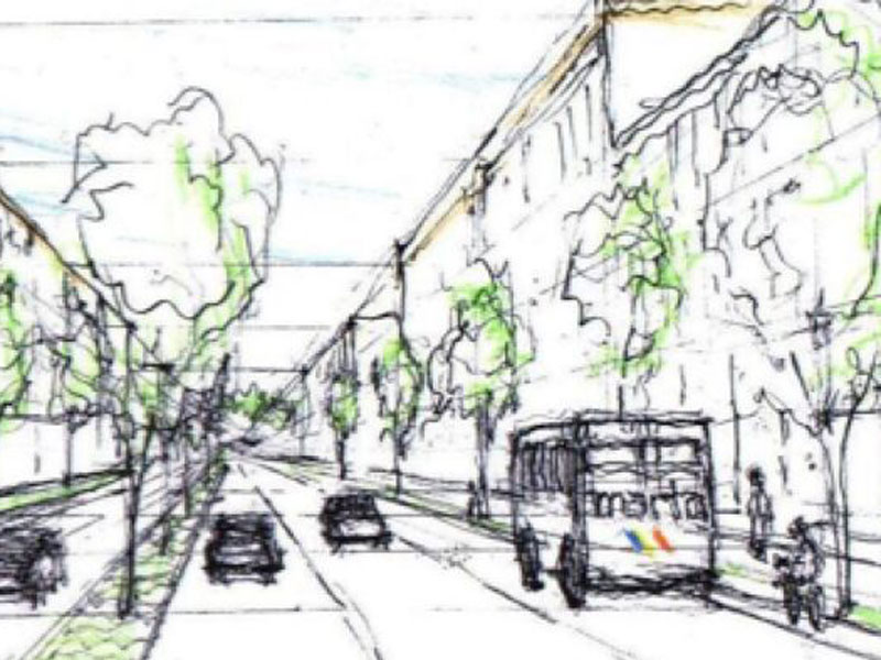 A rough sketch of Northside Drive that shows density built close to MARTA buses and a major travel corridor, as envisioned in ‘Atlanta City Design.’