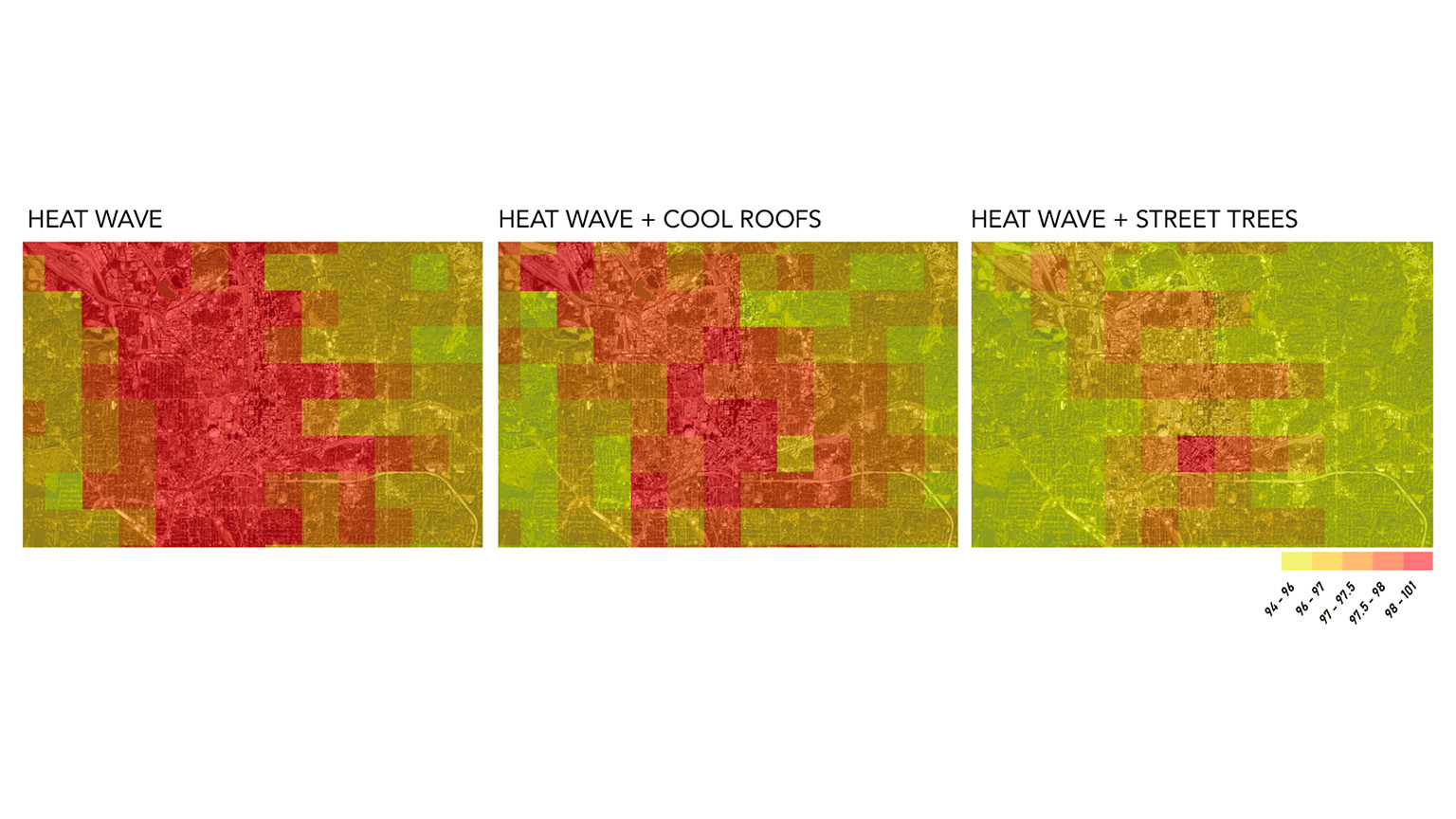 Brian Stone's heat wave study showing a temperature map of heat wave, heat wave plus cool roofs, and heat wave plus street trees. 