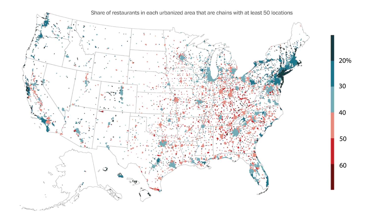 Map of share of restaurants in each urbanized area around the United States that are chains with at least 50 locations