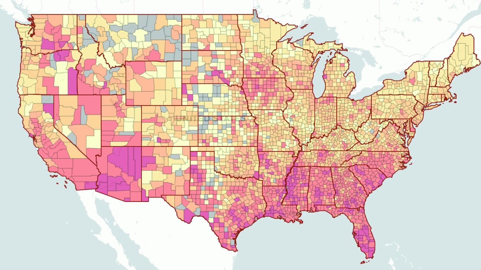 The map of USA by county-level risk with the risk calculator applied