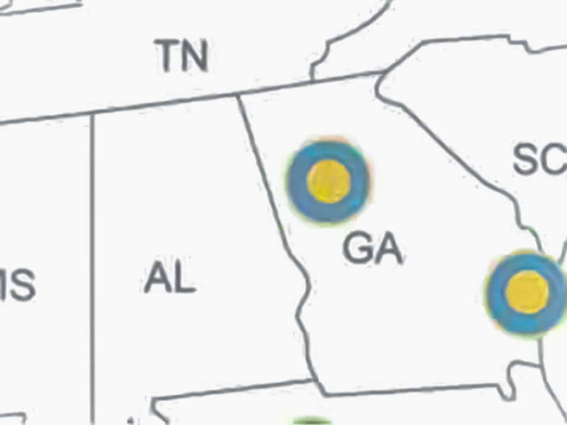 Map of US South with dots on the state of GA