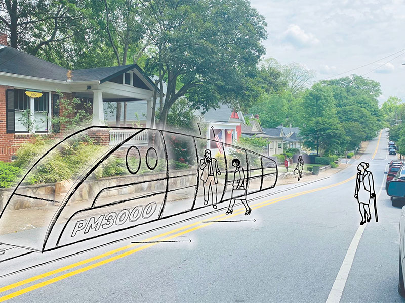 Illustration of a people mover superimposed on a photograph of an Atlanta street