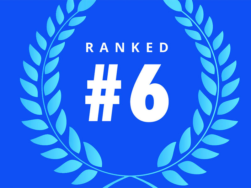 Graphic design with laurel wreath, the words "Ranked #6" inside the wreath.