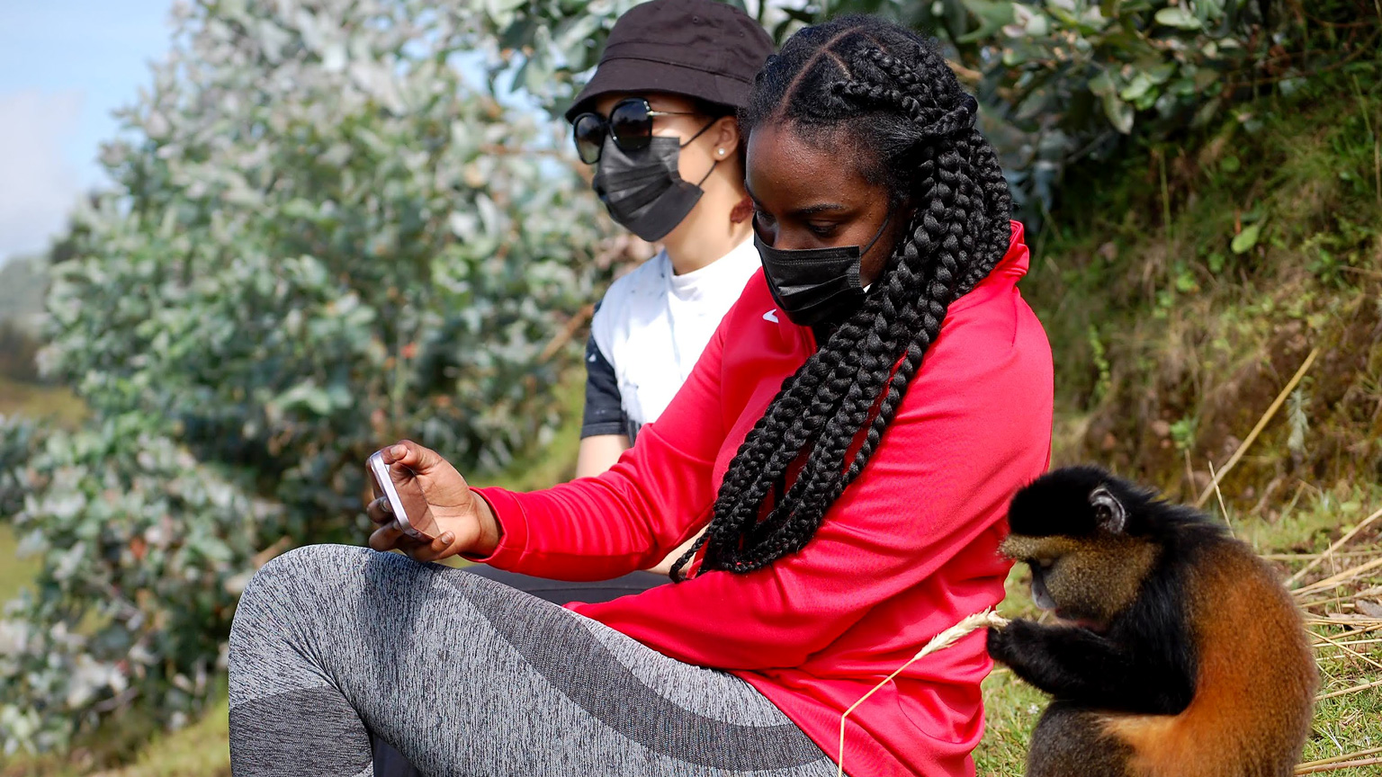 Student using her phone to take a photo of a Golden Monkey in Rwanda
